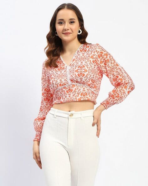 MADAME Women Leaf Print Relaxed Fit Cotton Crop Top