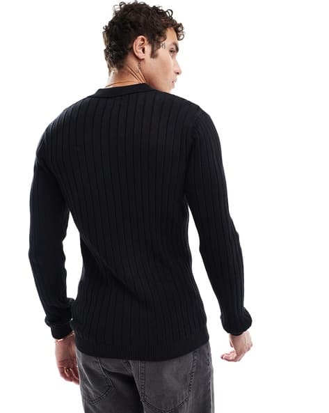 muscle fit black knit jumper mens