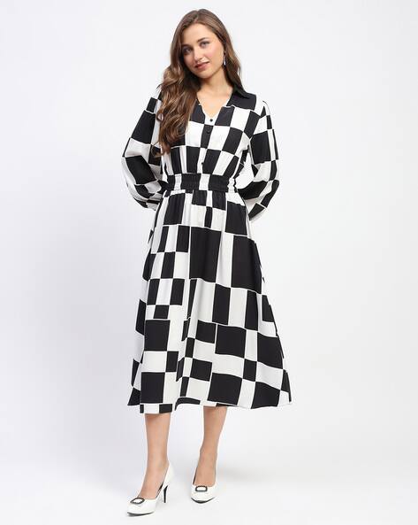 MADAME Women Checked Fit & Flare Dress