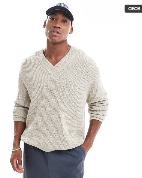 Ribbed Knitted Oversized Fisherman V-Neck Jumper