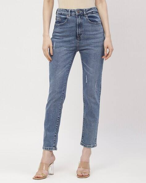 MADAME Women Lightly Washed Distressed Slim Fit Jeans