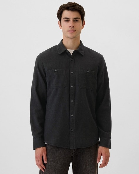 Men Solid Brushed Utility Long Sleeve Shirt