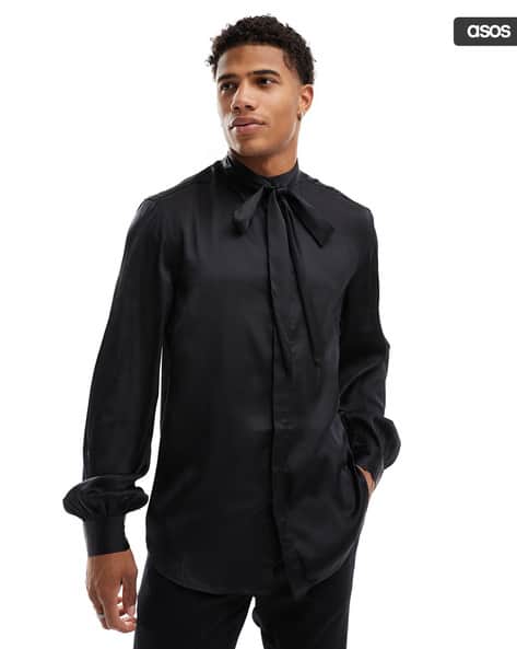 Tie Mens Black Satin Dress Shirt Hi-Tie Classic Vintage Mens Dress