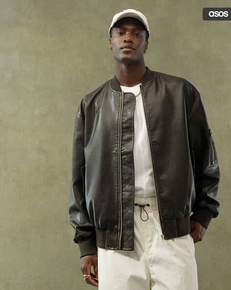 Faux Leather Oversized Distressed Bomber Jacket