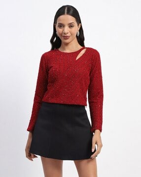 madame Women Embellished Relaxed Fit Round-Neck Top with Cut-Out-picture-26