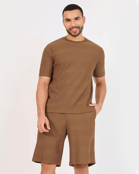 Men Texture Knit Oversized Ringer T-Shirt with Shorts Co-Ord Set