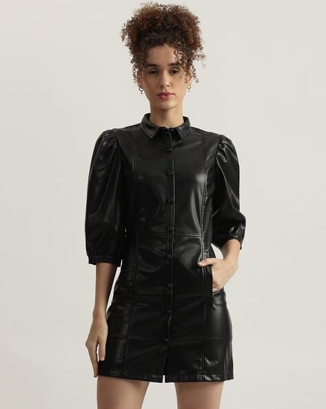 chinese dress ladies Black Faux Leather Short Butterfly Sleeves Button Up Jacket Dress – Hot  Miami Styles