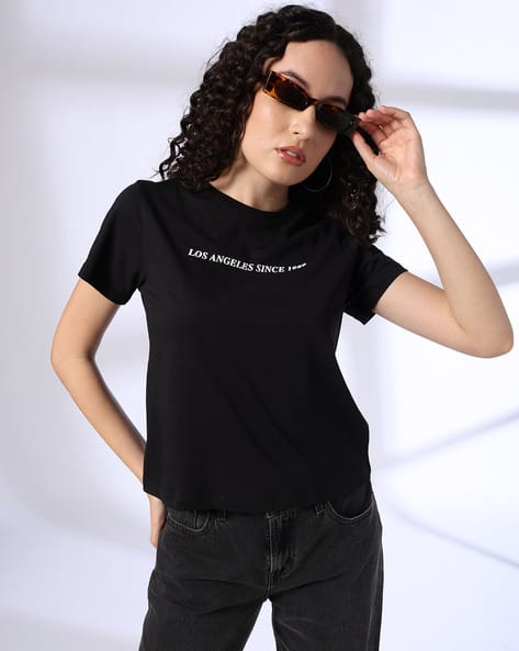 Women Typographic Print Regular Fit Cotton Crew-Neck T-Shirt