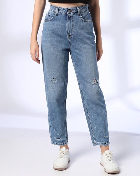 Women Mid-Wash Distressed Relaxed Jeans