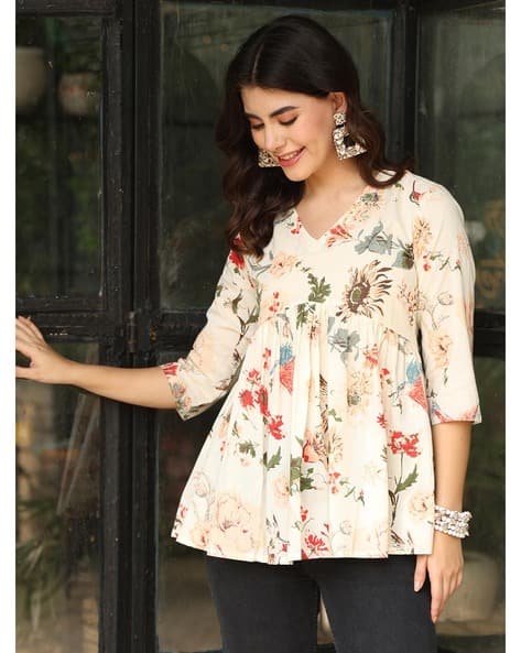 NISHABD Women Floral Printed Pure Cotton Top
