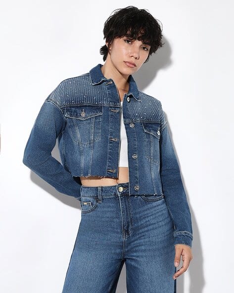 Women Rhinestone Detail Regular Fit Denim Jacket