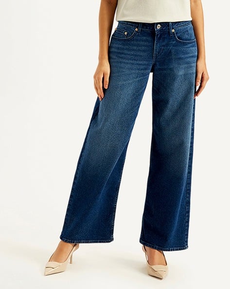Women Lightly Washed Low-Rise Loose Wide-Leg Jeans