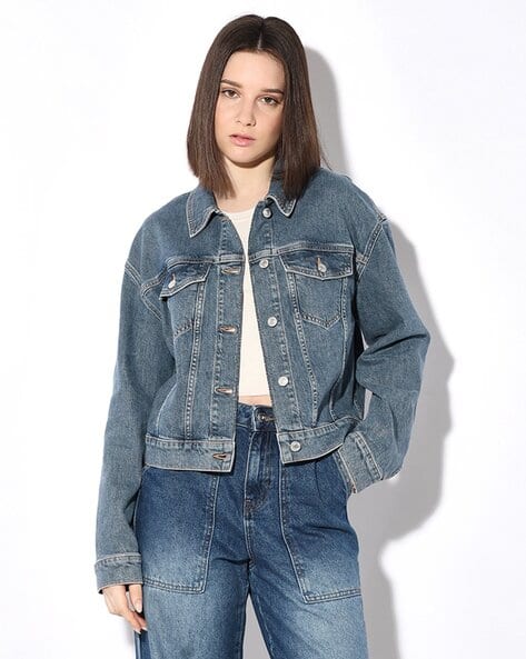 Ajio Only Blue Denim Jacket Women Regular Fit Denim Jacket