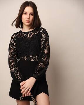ONLY Women Lace Relaxed Fit Semi-Sheer Top