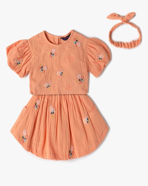 Girls Embroidered Top & Skirt with Headband