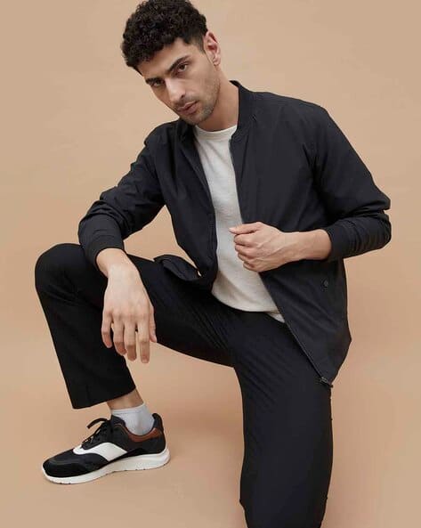 Men Regular Fit Bomber Jacket with Slip Pockets