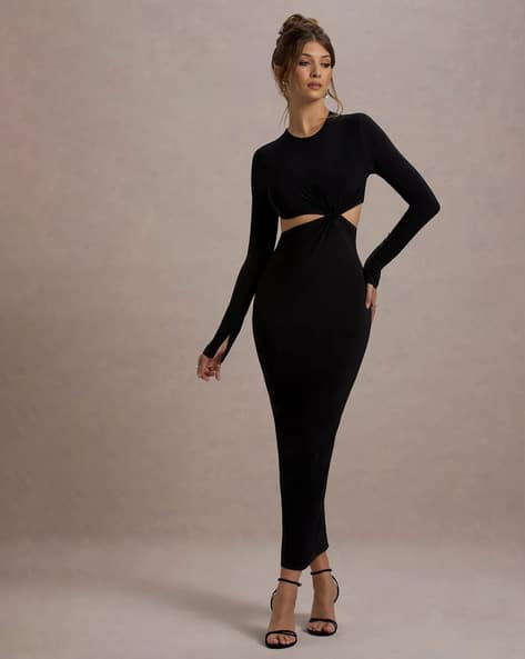 bodycon maxi dress outfit Women's Summer Casual Side Drawstring High Slit Knit Bodycon Dress