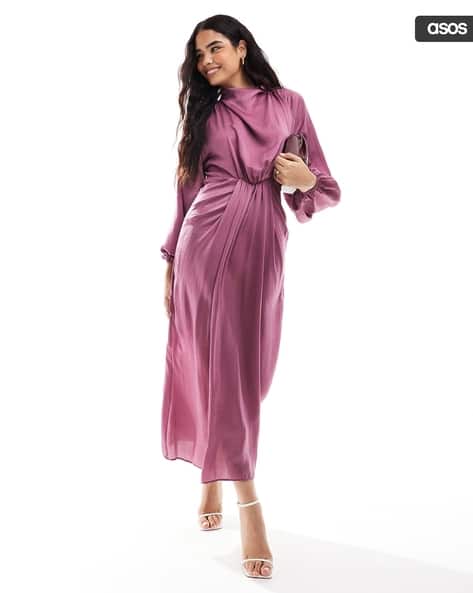 Draped Blouson Sleeve Satin Maxi Dress
