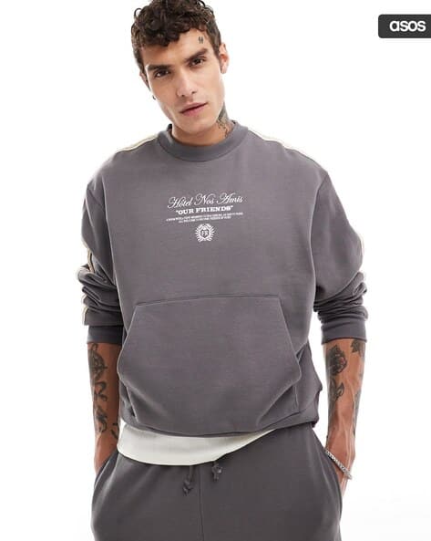 Typographic Print Oversized Crew-Neck Sweatshirt with Tape Detail