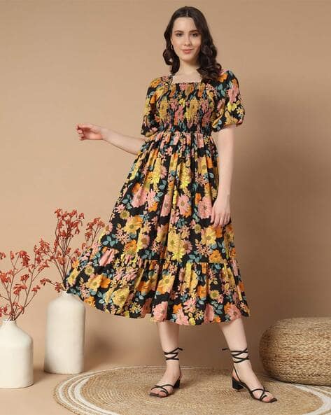 Women Floral Print Fit Flare Dress