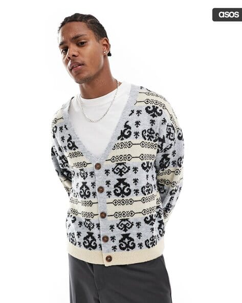 Relaxed Fit Knitted Cardigan with Fluffy Fairisle Pattern