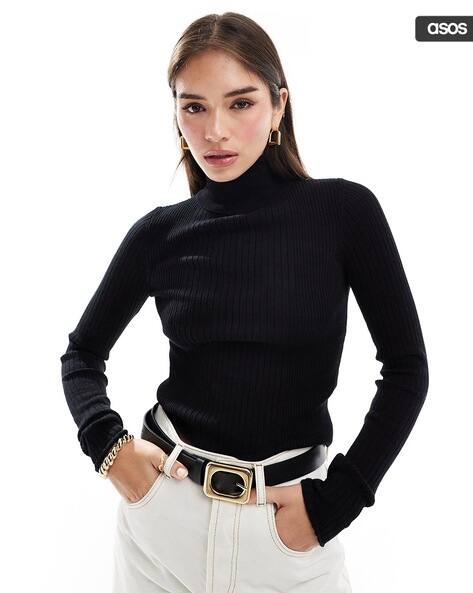 Knitted Roll-Neck Top in Engineered Rib