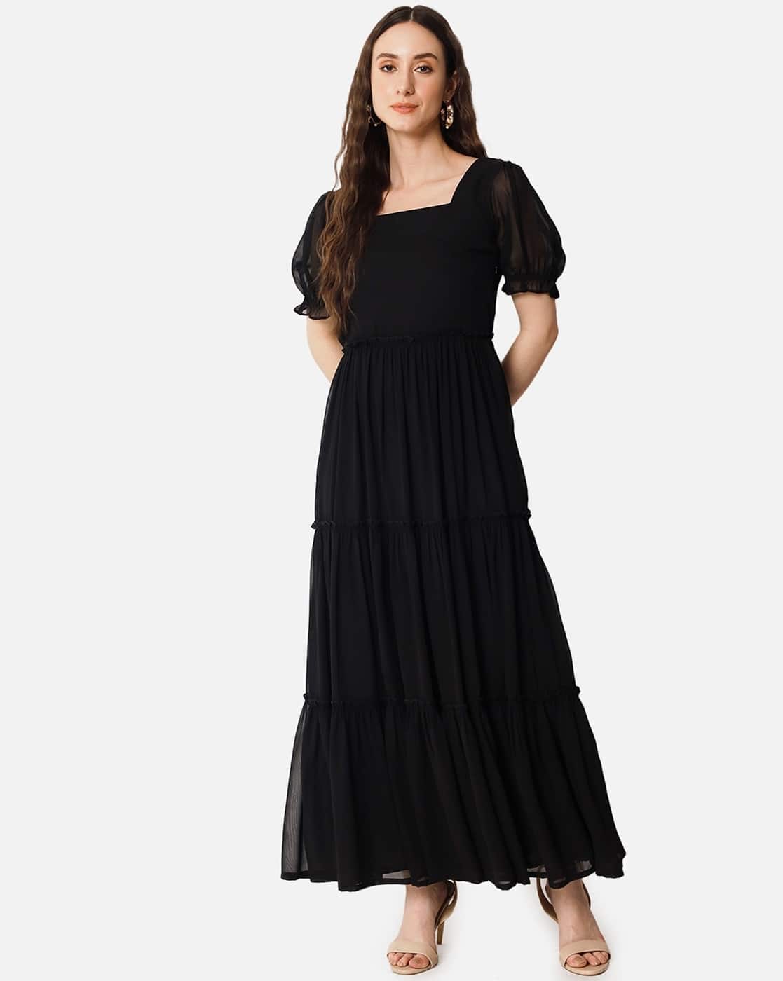 Raiyani Enterprise X AG Women Square-Neck Tiered Dress For Women (Black, XL)