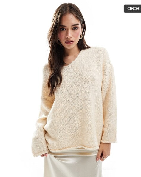Pull A.n.a Femme XL - Longues Manches, Crème Métallisé, Col Rond - NEUF