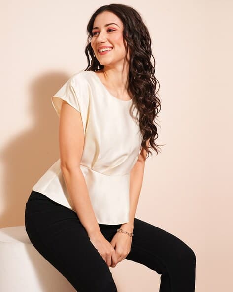 Women Round Neck Short Sleeve Satin Peplum Top - Main Image