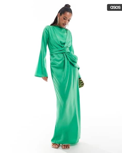 green emerald velvet dress ASOS DESIGN Bare Shoulder Prom Scuba Midi Dress In Forest Green main image 1