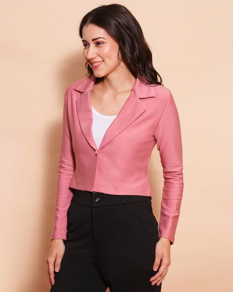 Women Lapel Collared Front Opening Crop Work Wear Blazer