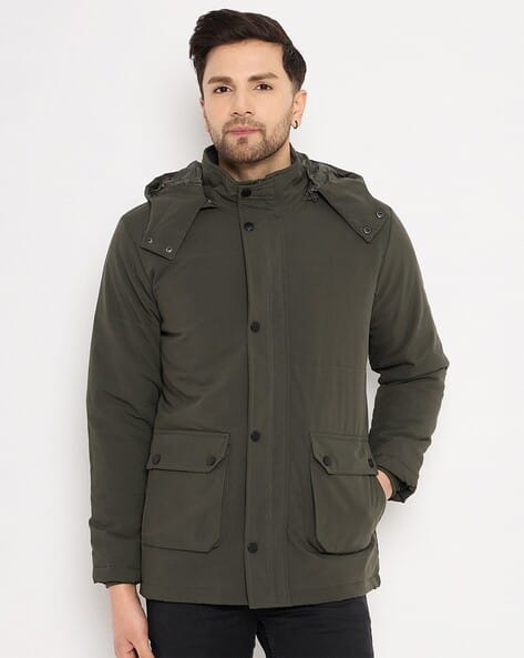 Men Regular Fit Jacket with Detachable Hood