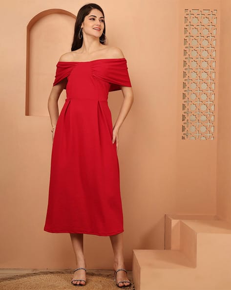 Women Off-Shoulder Sleeves Fit Flare Dress