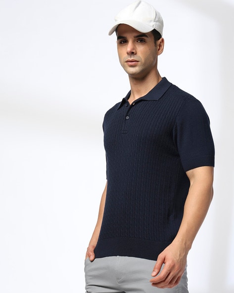 Men Cable Knit Slim Fit Polo T-Shirt