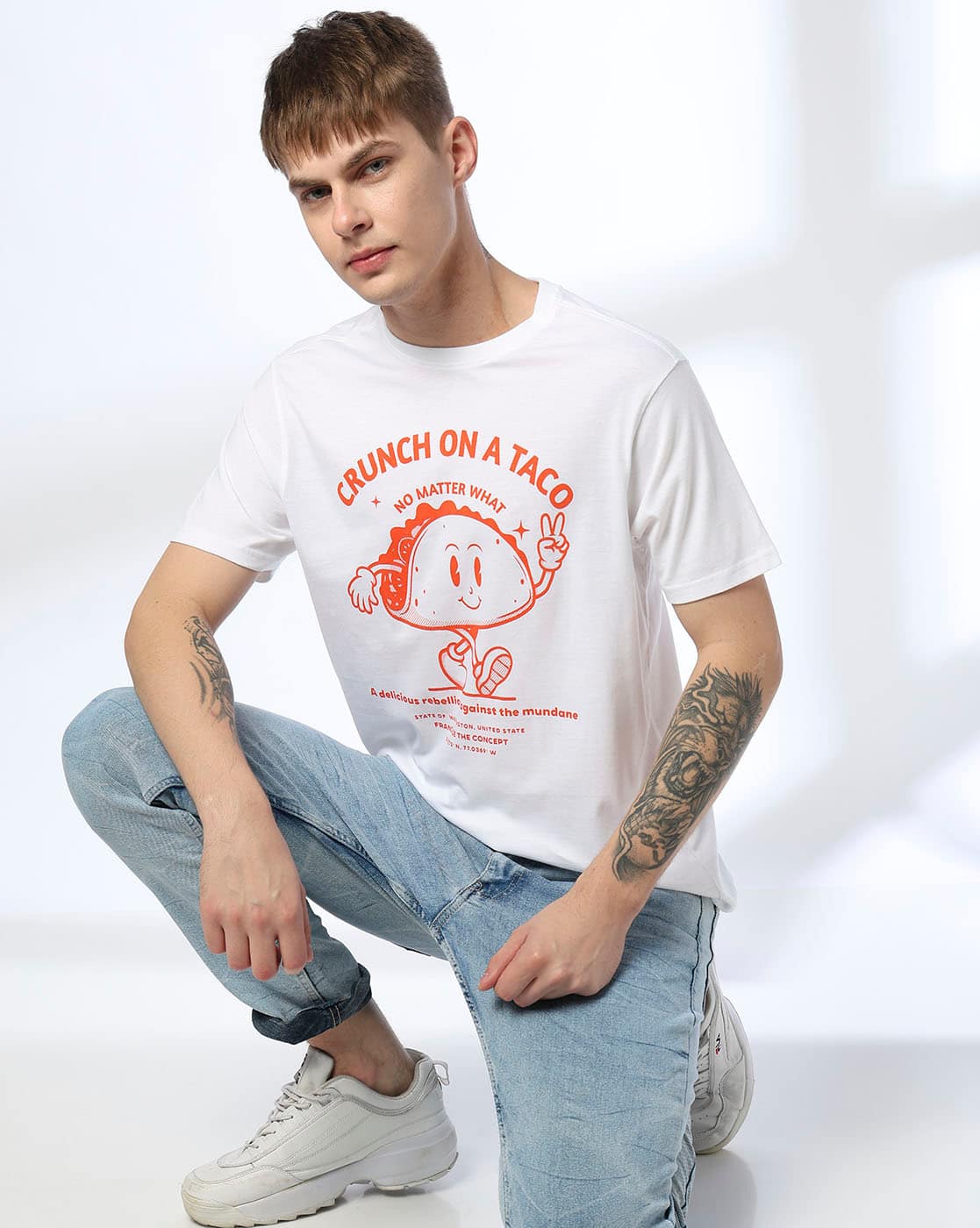 DNMX Men Graphic Print Regular Fit Crew-Neck T-Shirt For Men (White, L)