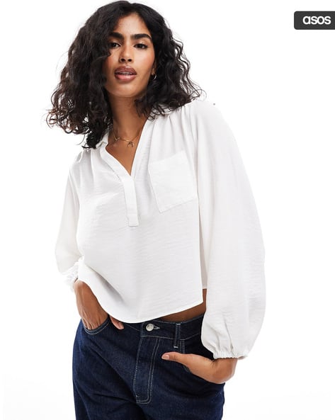 V-Neck Pocket Detail Soft Blouse