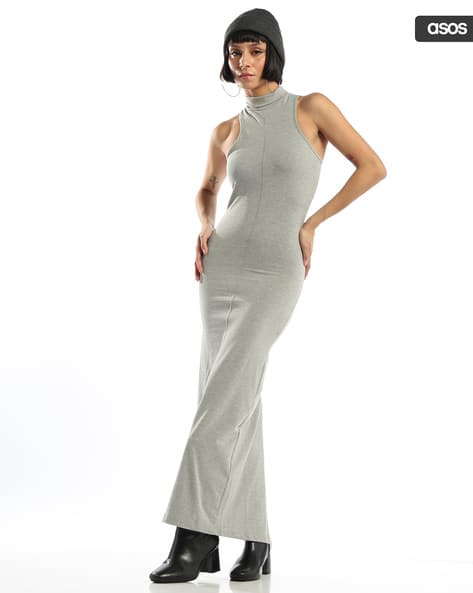High-Neck Maxi Ribbed Dress with Seam Detail