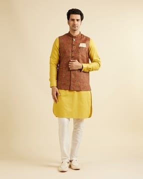 manyavar Men Printed Regular Fit Nehru Jacket with Pocket Square & Brooch-picture-31