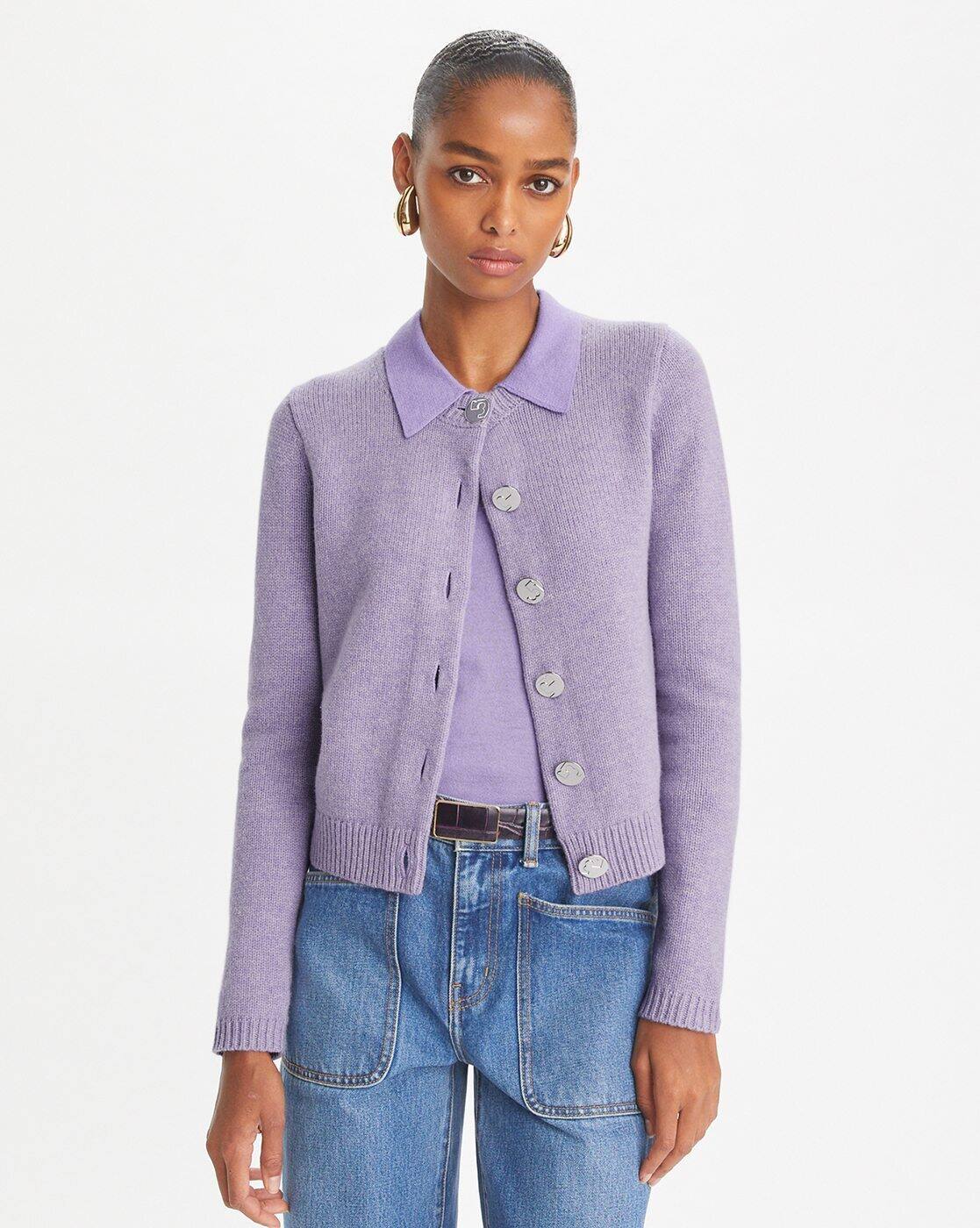 Buy Tory Burch Logo Button Wool Cardigan | Lilac Color Women