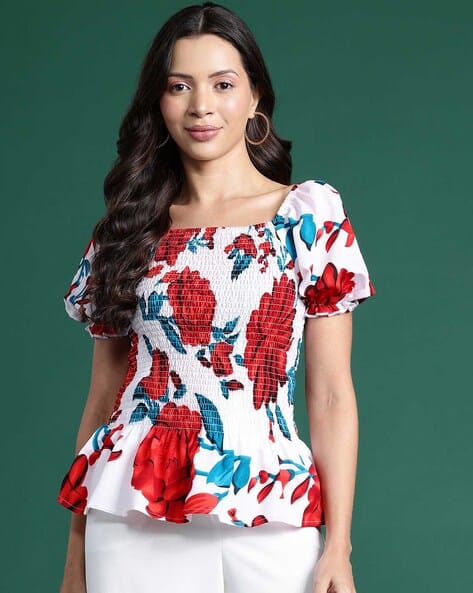 DEEWA  Women Floral Print Relaxed Fit Square-Neck Peplum Top