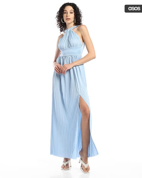 open lace back dress GODDESS LOOK MASQUERADE SILVER PLEATED SEQUIN GRECIAN GODDESS HALTER E –  Vintage Clothing & Fashions main image 1
