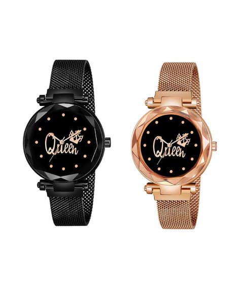 TREX Women Set of 2 Printed Dial Analogue Watches-NET-GOLD+BK-COMBO