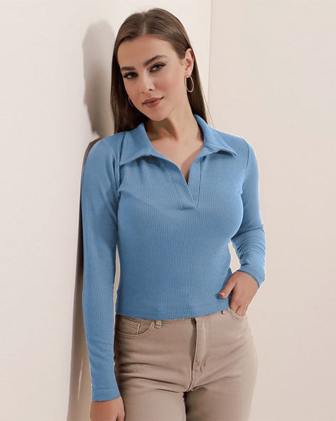 Women Ribbed Regular Fit Collar-Neck Top