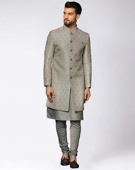 KISAH Men Texture Kurta Indowestern Sherwani Churidar Set