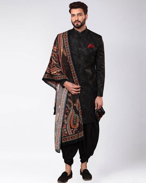 Men Embossed Indowestern Sherwani Dhoti with Dupatta Set