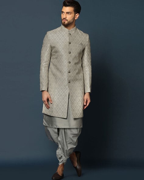 KISAH Men Geometric Woven Sherwani with Kurta & Dhoti