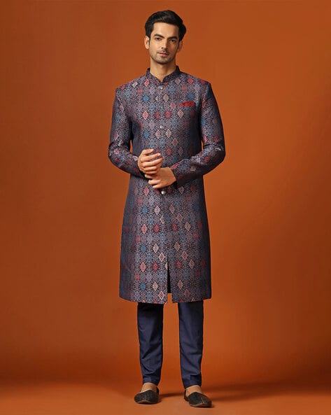 Men Self-Design Regular Fit Sherwani Set