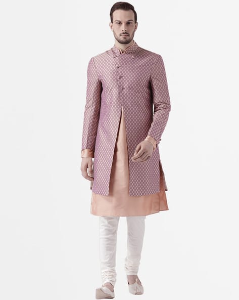 KISAH Men Floral Woven Regular Fit Sherwani with Kurta & Churidar