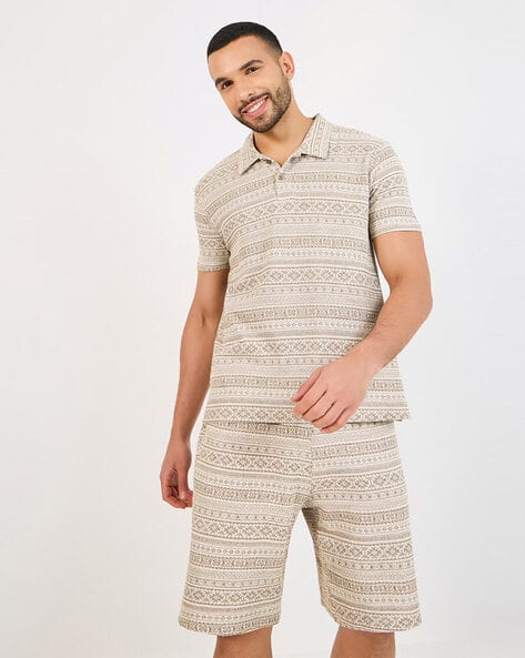 Men Jacquard Knit Relaxed Polo with Oversize Shorts Co-Ord Set