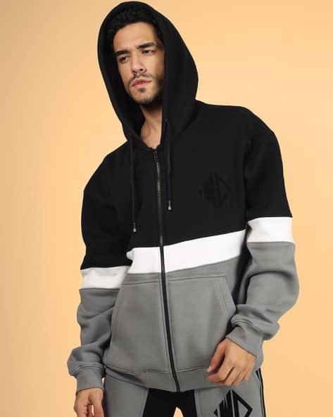 Men Oversized Fit Colour-Block Zip-Up Hoodie